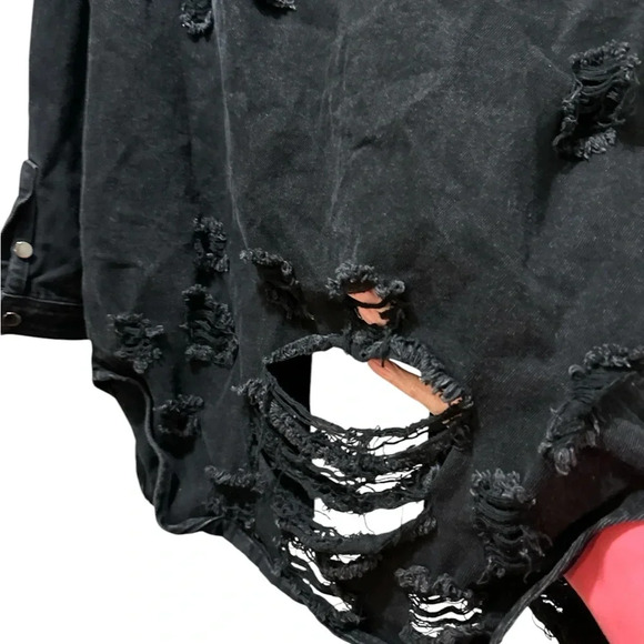 American Bazi Ladies Black Distressed Denim Jacket - Picture 6 of 11